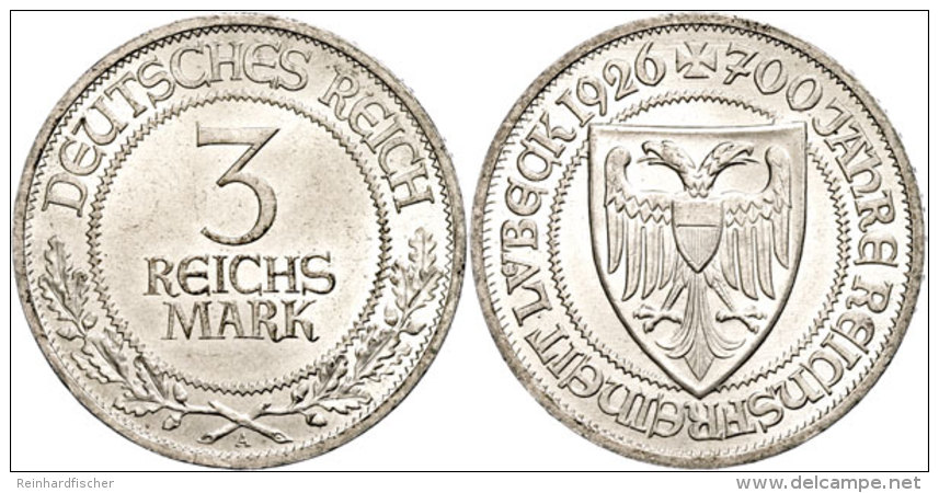 3 Reichsmark, 1926, L&uuml;beck, Wz. Rf., Vz., Katalog: J. 323 Vz3 Reichmark, 1926, L&uuml;beck, Watermark.... - Otros & Sin Clasificación