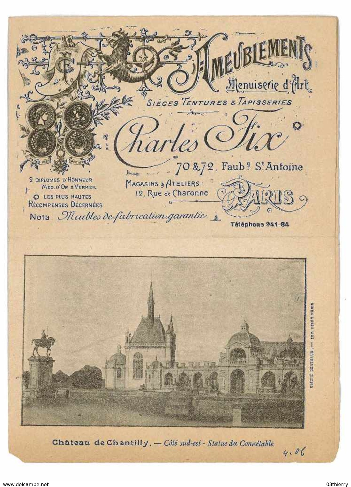 PETITE BROCHURE CATALOGUE CHARLES FIX PARIS AMEUBLEMENT MENUISERIE D'ART SIEGES TENTURES TAPISSERIES - Autres & Non Classés