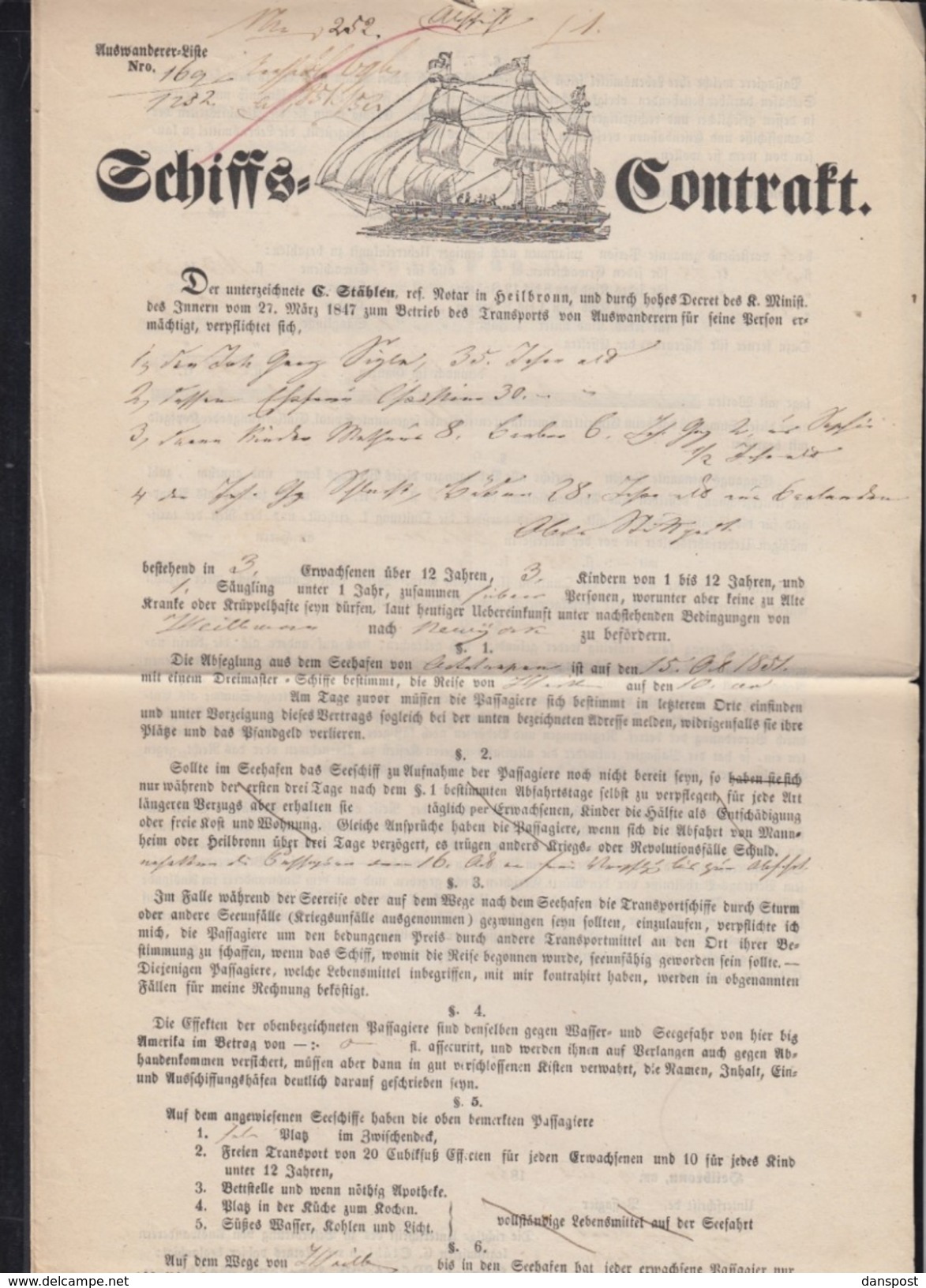 Württemberg Heilbronn Schiffs-Contract Für Auswanderer Nach USA 1851 - Historical Documents