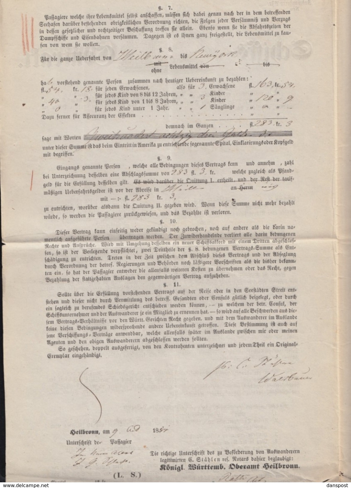 Württemberg Heilbronn Schiffs-Contract Für Auswanderer Nach USA 1851 - Documenti Storici