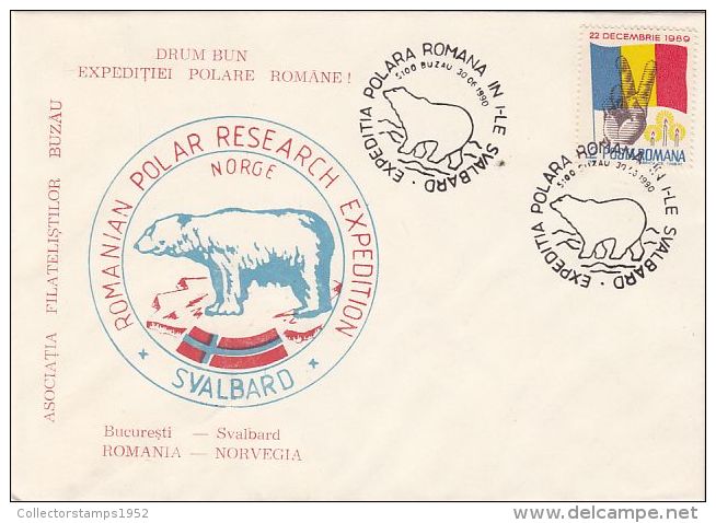 53608- ROMANIAN ARCTIC EXPEDITION, SVALBARD, POLAR BEAR, SPECIAL COVER, 1990, ROMANIA - Expéditions Arctiques