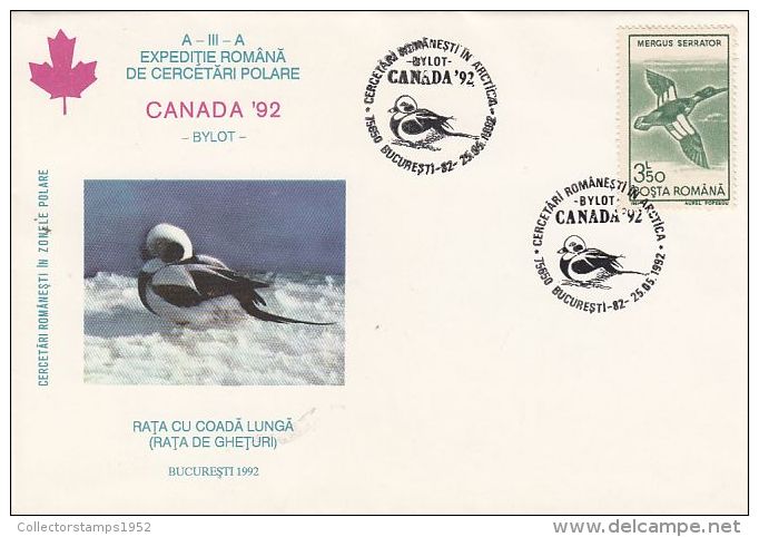 53611- ROMANIAN ARCTIC EXPEDITION, BYLOT-CANADA, LONG TAILED DUCK, SPECIAL COVER, 1992, ROMANIA - Arctische Expedities