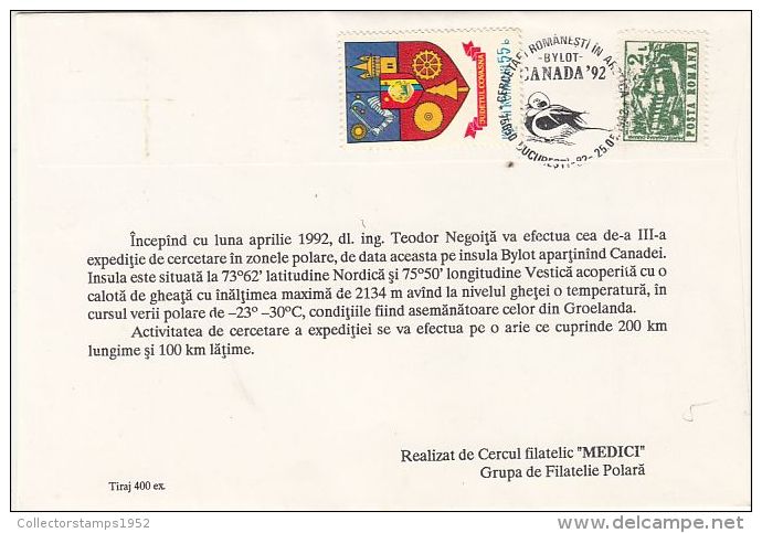 53611- ROMANIAN ARCTIC EXPEDITION, BYLOT-CANADA, LONG TAILED DUCK, SPECIAL COVER, 1992, ROMANIA - Arctische Expedities