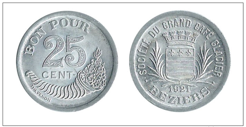 N2909 - Béziers: Société Du Grand Café Glacier: 25 Ct 1921 - Monétaires / De Nécessité