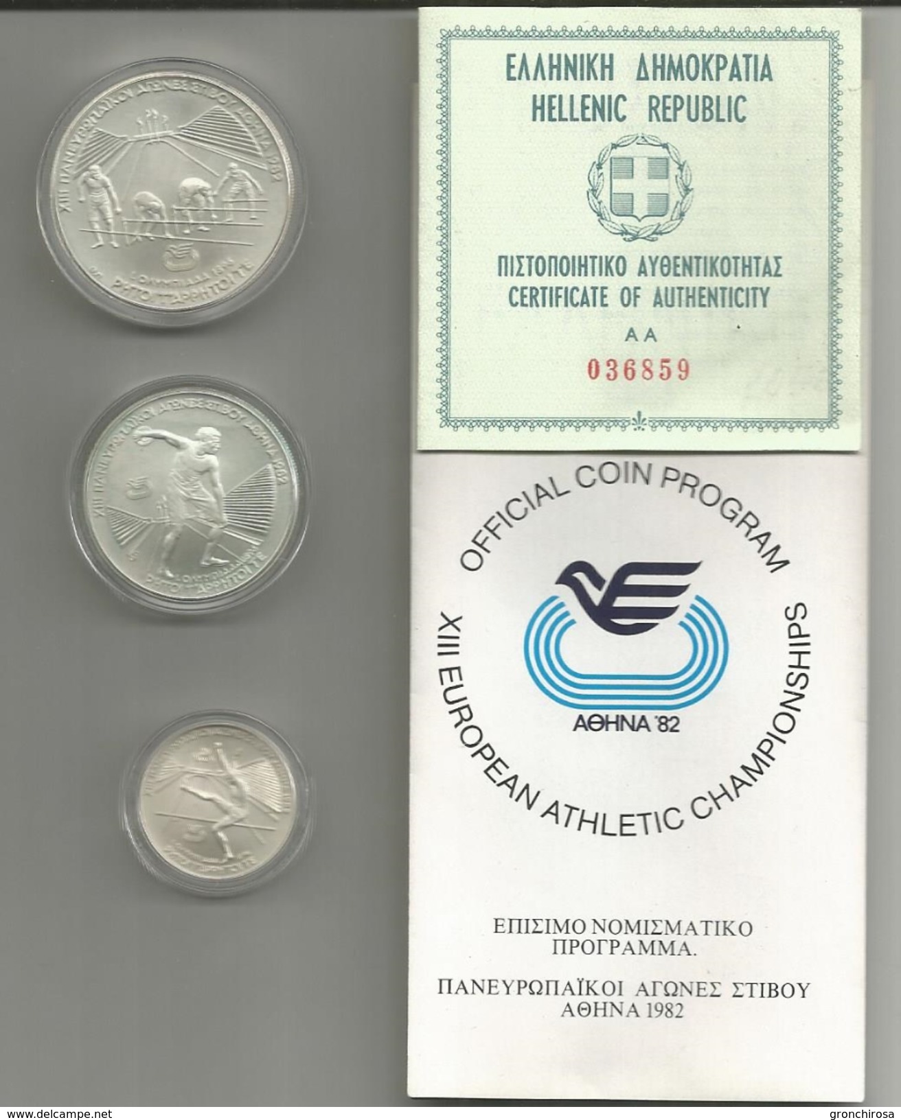 Olympic Coins, Greece 1982, XIII European Athletic Championschips, Set 100, 250, 500 Silver Dracmay In Original Box. - Grecia
