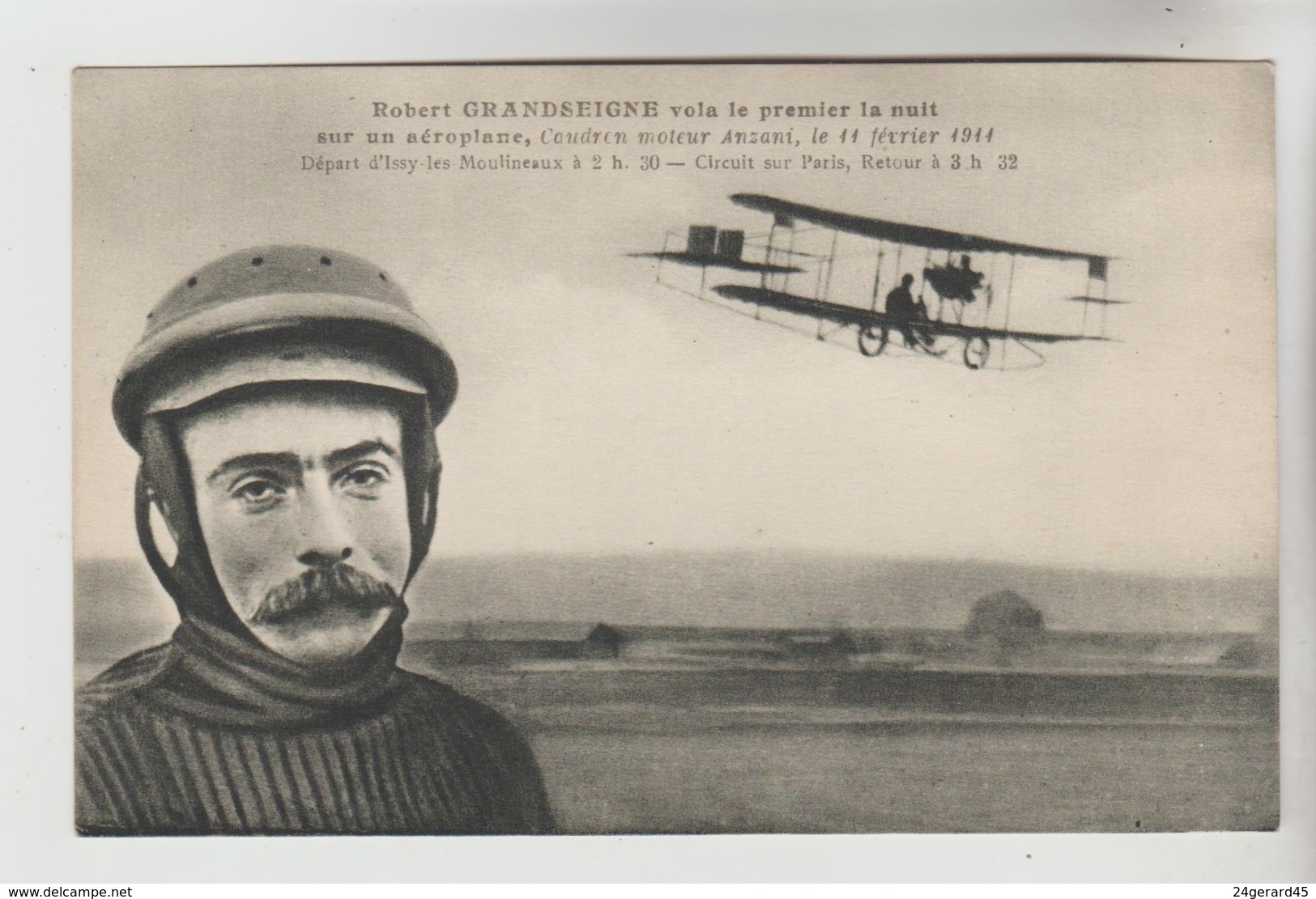 CPSM TRANSPORT AVION AVIATEUR - Robert GRANDSEIGNE Vola Le 1er La Nuit Sur CAUDRON Le 14/02/1914 à Issy Les Moulineaux - Airmen, Fliers