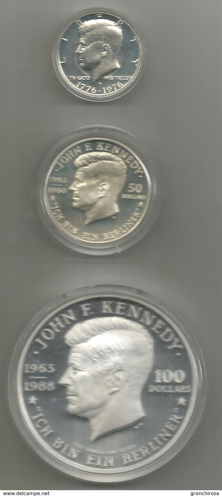 Kennedy John Fitzgeralg, USA Mezzo Dollaro 1976, Niue 50 Dollari 1988; Niue 100 Dollari 1988, Proof, In Cofanetto Blu. - Niue