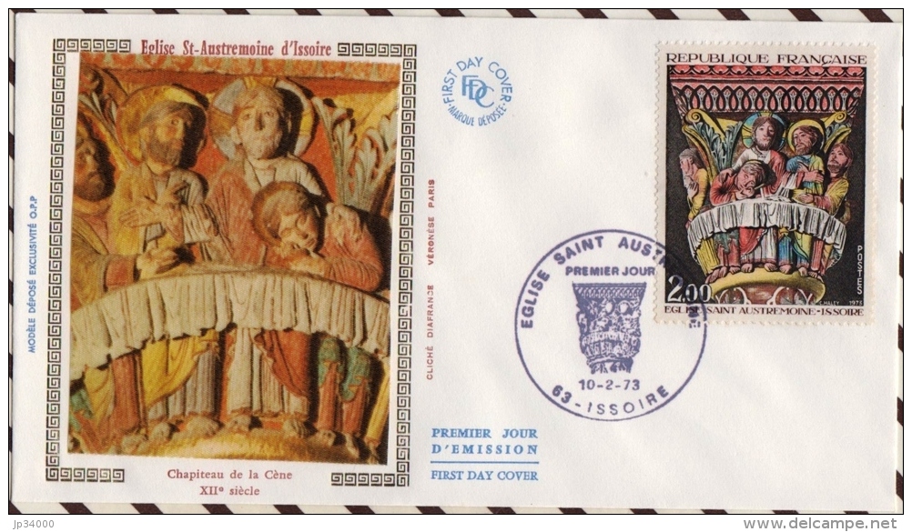 FRANCE  Yvert 1741 FDC 1er Jour, Chapiteau église St Austremoine Issoire. Edition Sur Soie - 1970-1979