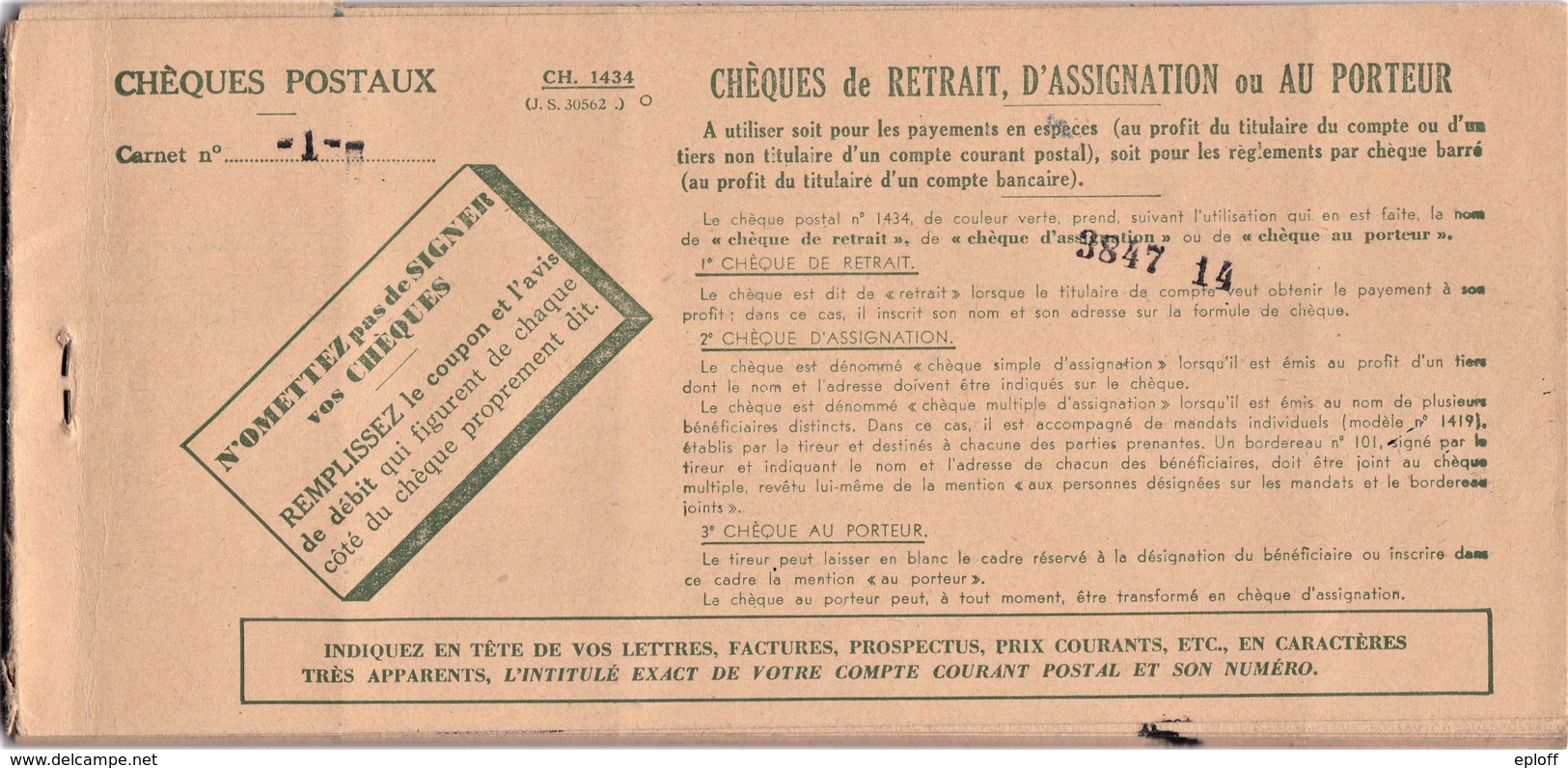 FRANCE 1955   Carnet Chèques Postaux Chèques De Retrait, D'Assignation Ou Au Porteur + Notice à L'Usage Des Titulaires. - Chèques & Chèques De Voyage