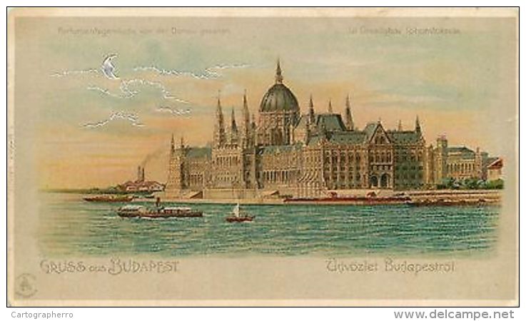 Hungary 1900s Chromo Litho Gruss Aus Budapest Danube Parliament Ships Moon Rare - Autres & Non Classés