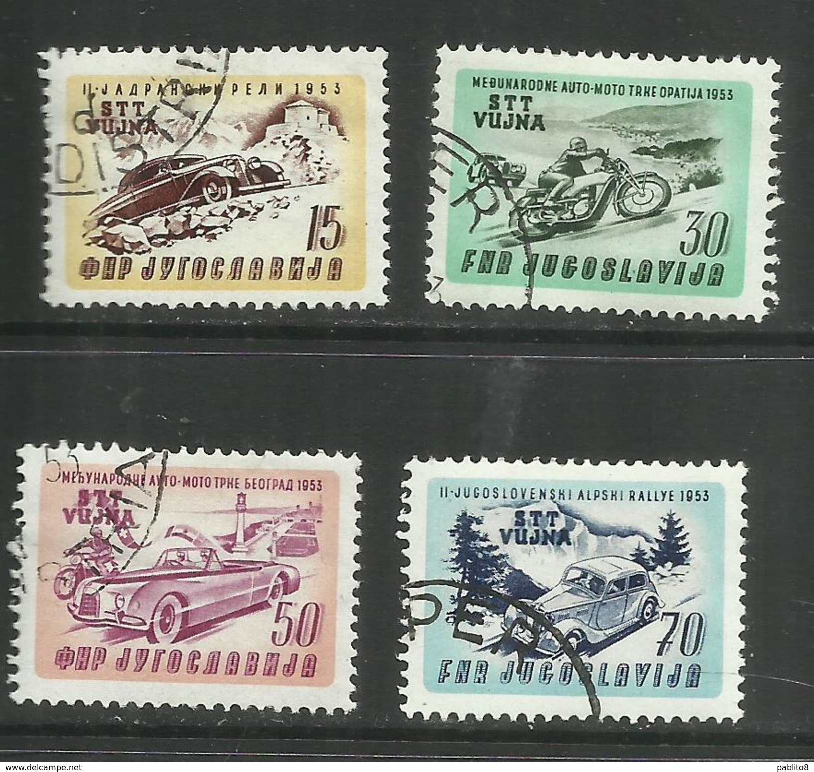 TRIESTE B 1953 CORSE AUTOMOTOCICLISTICHE RACING YUGOSLAVIA SOPRASTAMPATO JUGOSLAVIA OVERPRINTED SERIE SET USATA USED - Mint/hinged