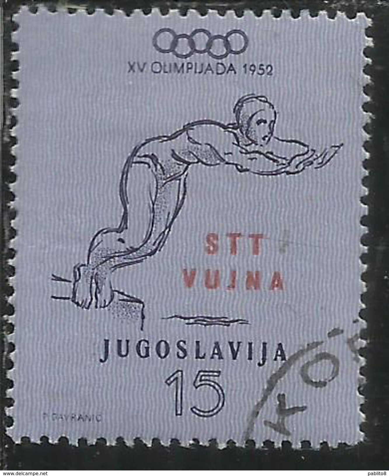 TRIESTE B 1953 YUGOSLAVIA SOPRASTAMPATO JUGOSLAVIA OVERPRINTED OLIMPIADE HELSINKI OLYMPIC GAMES 15 D 15d USATO USED - Neufs