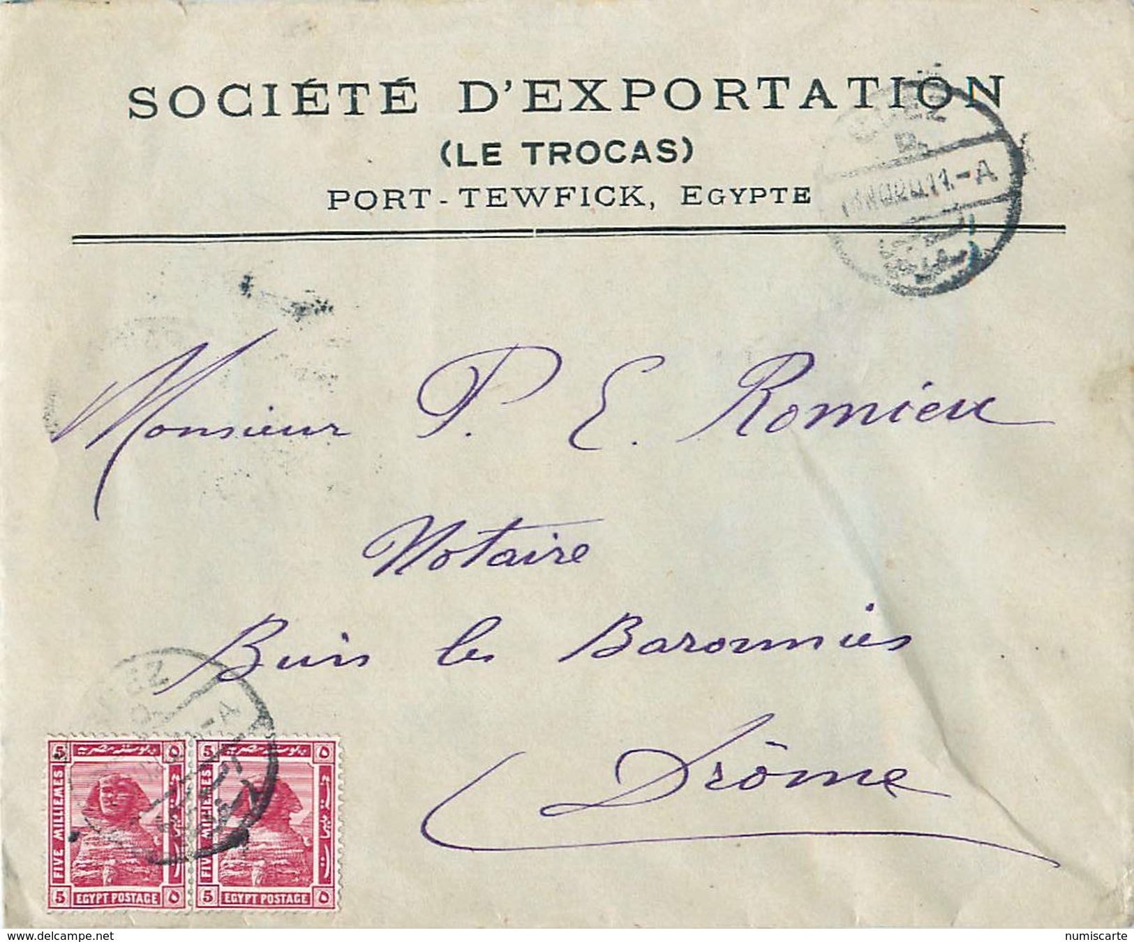 Enveloppe EGYPTE - PORT TEWFICK - Société D' Exportation LE TROCAS - 1920 ? - 1915-1921 Protectorat Britannique