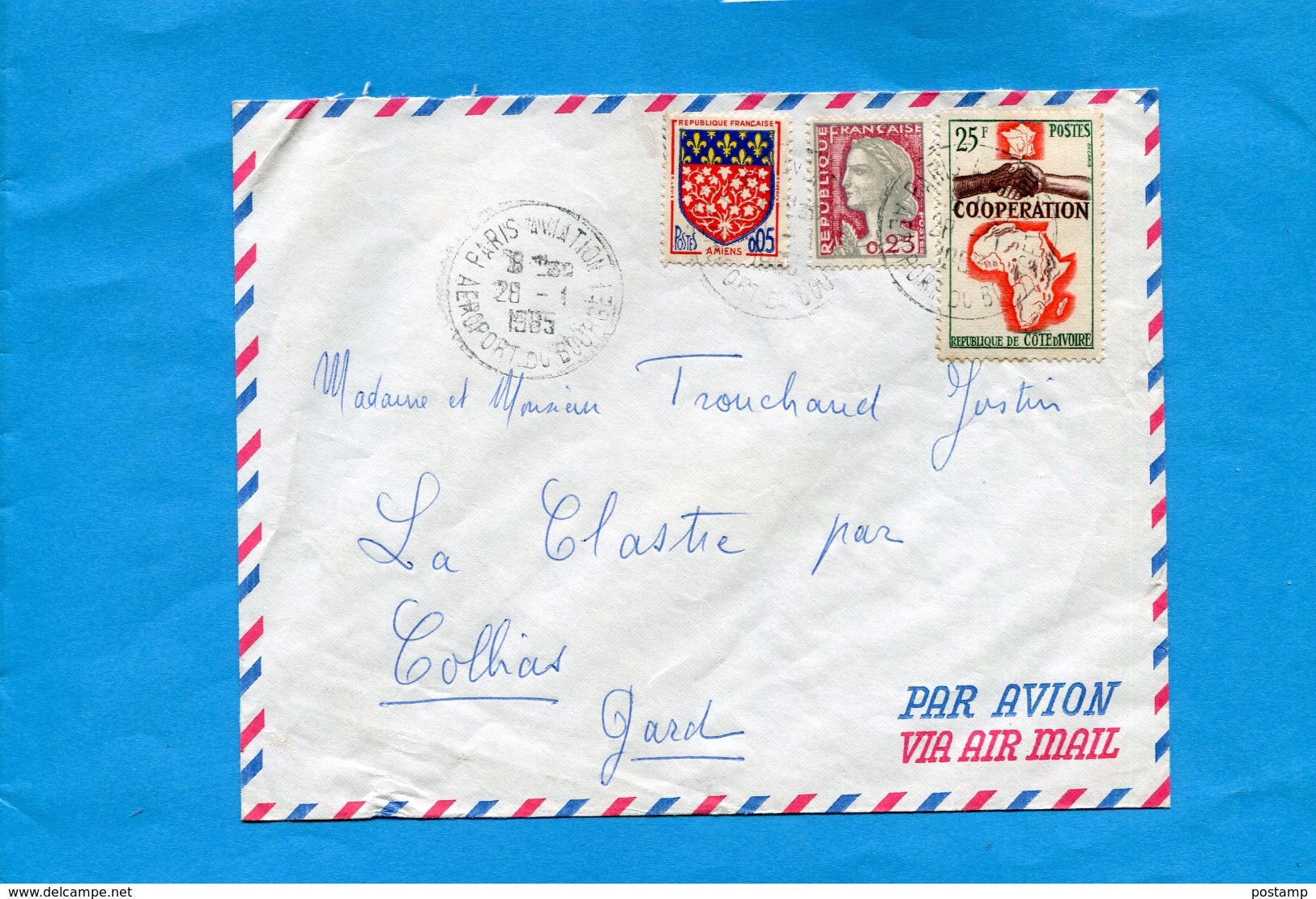 Marcophilie-Françe -lettre Cad1985 "Paris Aviation Bourget"affranchissement Mixte Tp Cote D'ivoire + Françe Total= 55frs - Autres & Non Classés