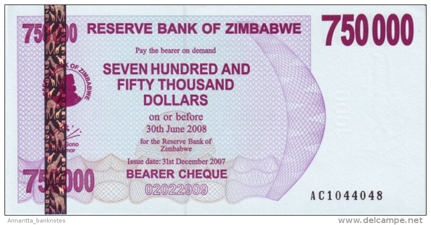 ZIMBABWE 750000 DOLLARS 2007 P-52 UNC  [ZW143a] - Simbabwe