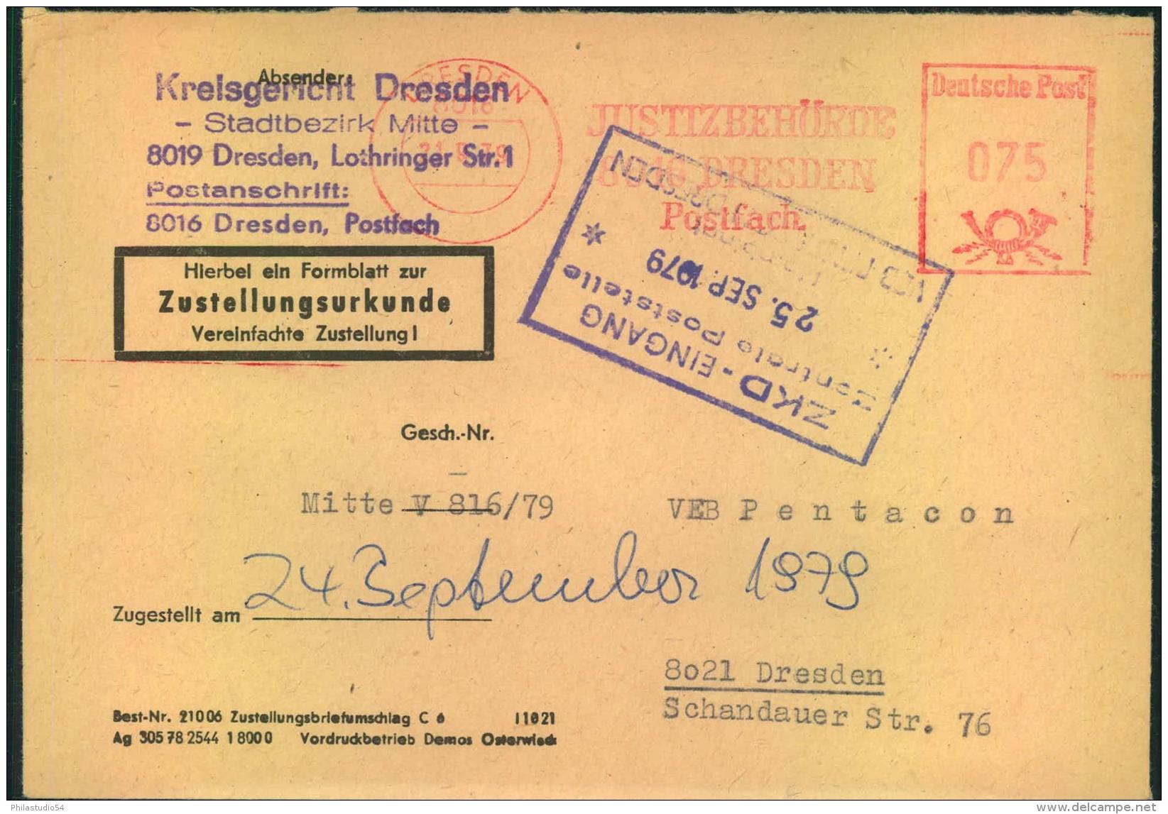 1979, Ortszustellung Mit Absenderfreistempel Der Justizbehörden DRESDEN, 75 Pfennig. - Sonstige & Ohne Zuordnung