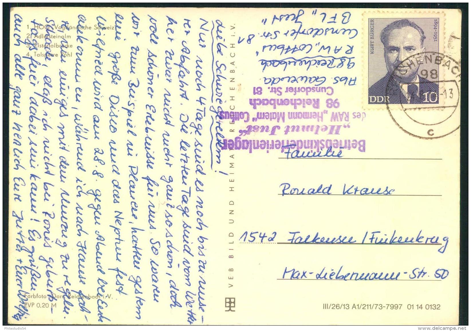 1974, Postkarte Ab Reichenbach Mit Absenderstempel ""Betirebskinderferienlager Helmut Just"" - Sonstige & Ohne Zuordnung