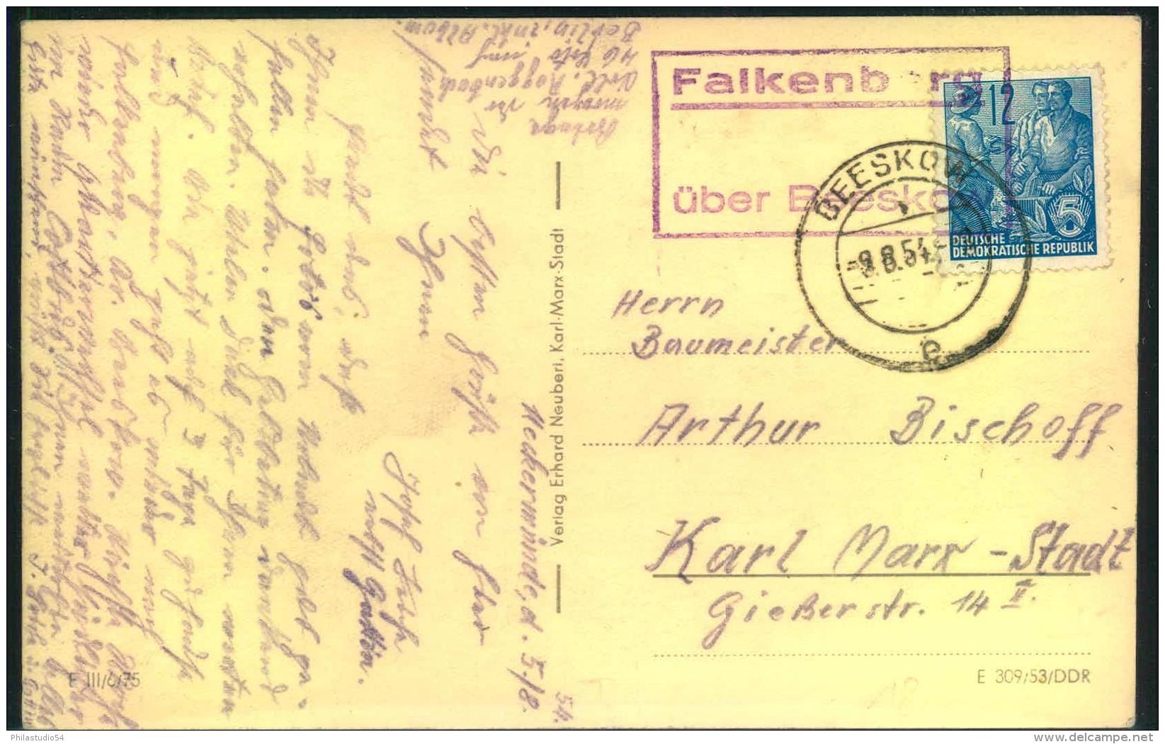 1954, Postkarte Mit Posthilfsstellenstempel ""Falkenberg über Beeskow"" Und 10 Pfg. FJP - Sonstige & Ohne Zuordnung