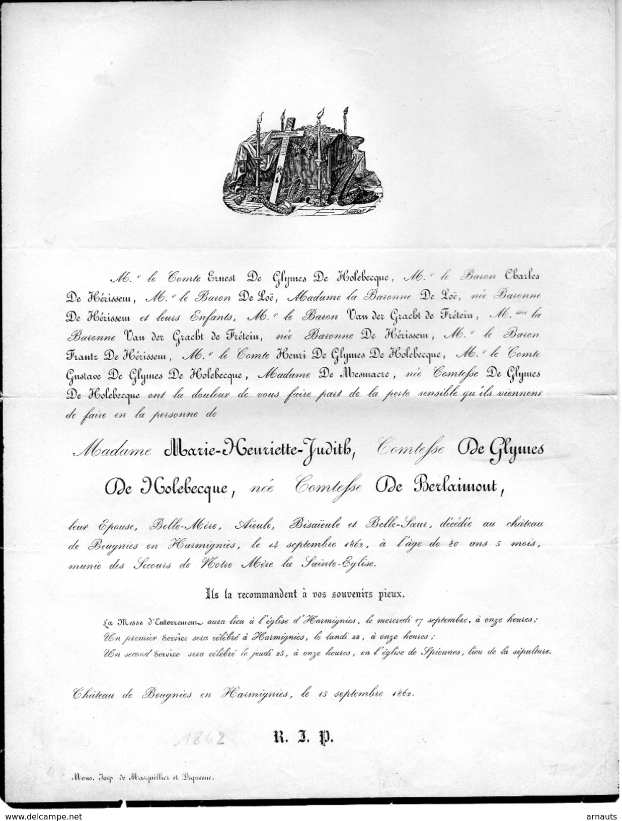 Henriette De Glymes De Hollebecque Née De Berlaimont +1862 Mons Harmignies De Hérissem De Mesemacre Jodoigne Tirlemont - Todesanzeige