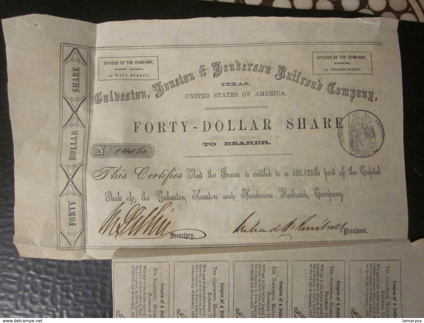 1869 Compagny Of The Railroad100$=>GALVESTON To HOUSTON And HENDERSON=>United States America-Texas Action>Chemin De Fer - Chemin De Fer & Tramway