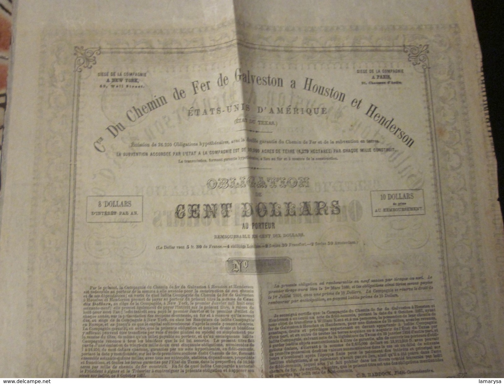 1869 Compagny of the Railroad100$=>GALVESTON to HOUSTON and HENDERSON=>United States America-Texas Action>Chemin de Fer