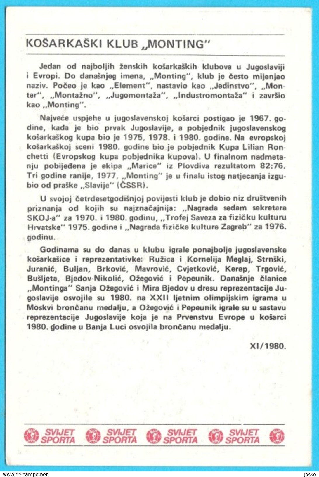 KK MONTING Basketball Woman Club - Yugoslavia Vintage Card Svijet Sporta * Basket-ball Baloncesto Pallacanestro - Apparel, Souvenirs & Other