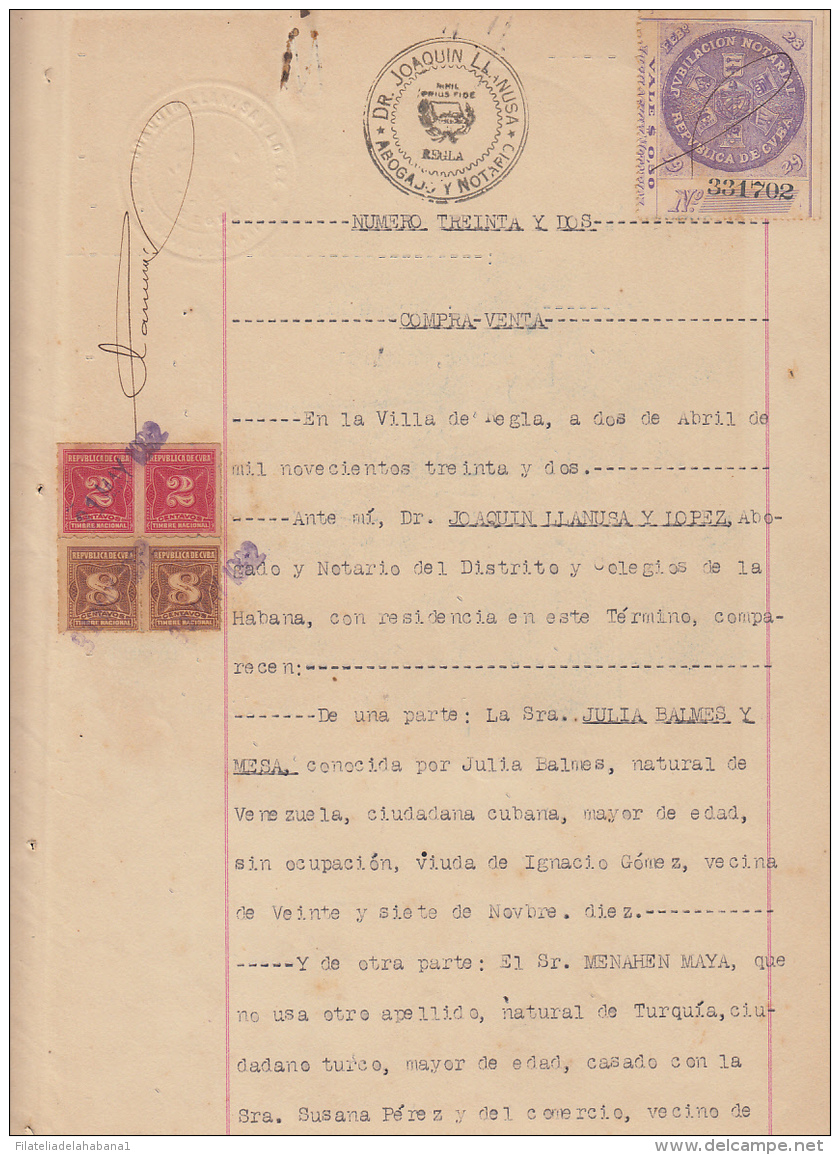 REP-207 CUBA REPUBLICA REVENUE (LG-1111) 2c (2) + 8c (2) TIMBRE NACIONAL 1932 + JUBILACION NOTARIAL 1928 COMPLETE DOC DA - Timbres-taxe