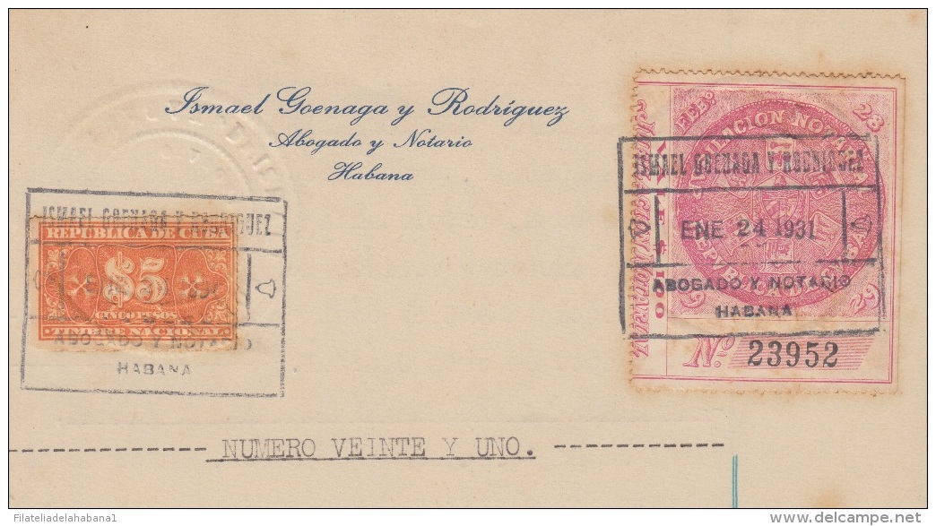 REP-210 CUBA REPUBLICA REVENUE (LG-1114) 5$ ORANGE TIMBRE NACIONAL + JUBILACION NOTARIAL COMPLETE DOC DATED 1931. - Postage Due