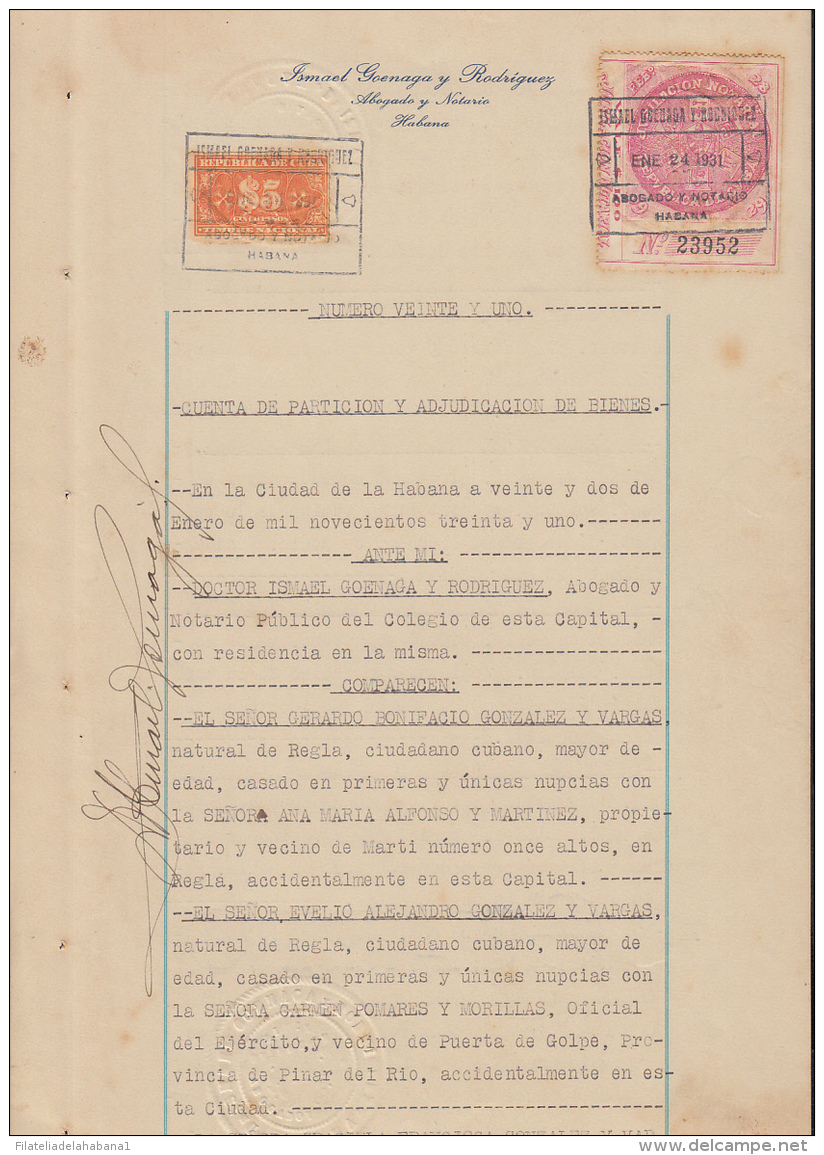 REP-210 CUBA REPUBLICA REVENUE (LG-1114) 5$ ORANGE TIMBRE NACIONAL + JUBILACION NOTARIAL COMPLETE DOC DATED 1931. - Portomarken