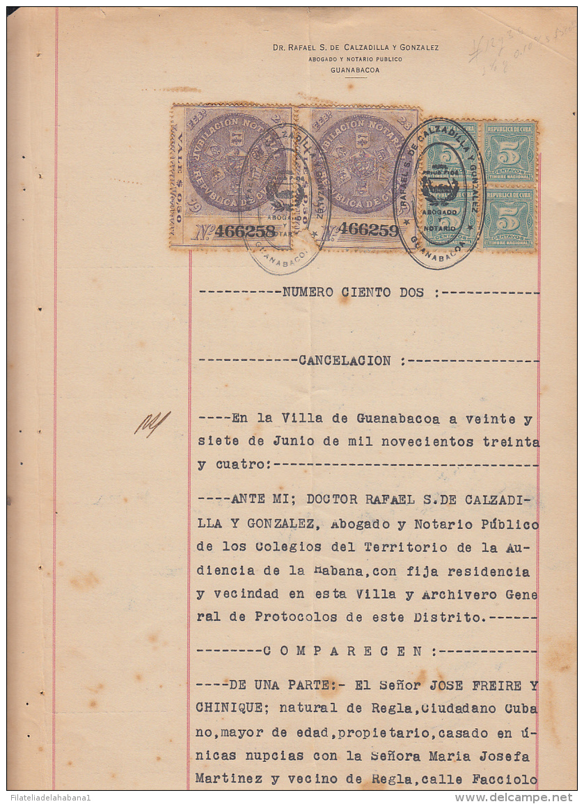 REP-213 CUBA REPUBLICA REVENUE (LG-1117) 5c (4) TIMBRE NACIONAL 1932 + JUBILACION NOTARIAL 1928 COMPLETE DOC DATED 1932. - Timbres-taxe