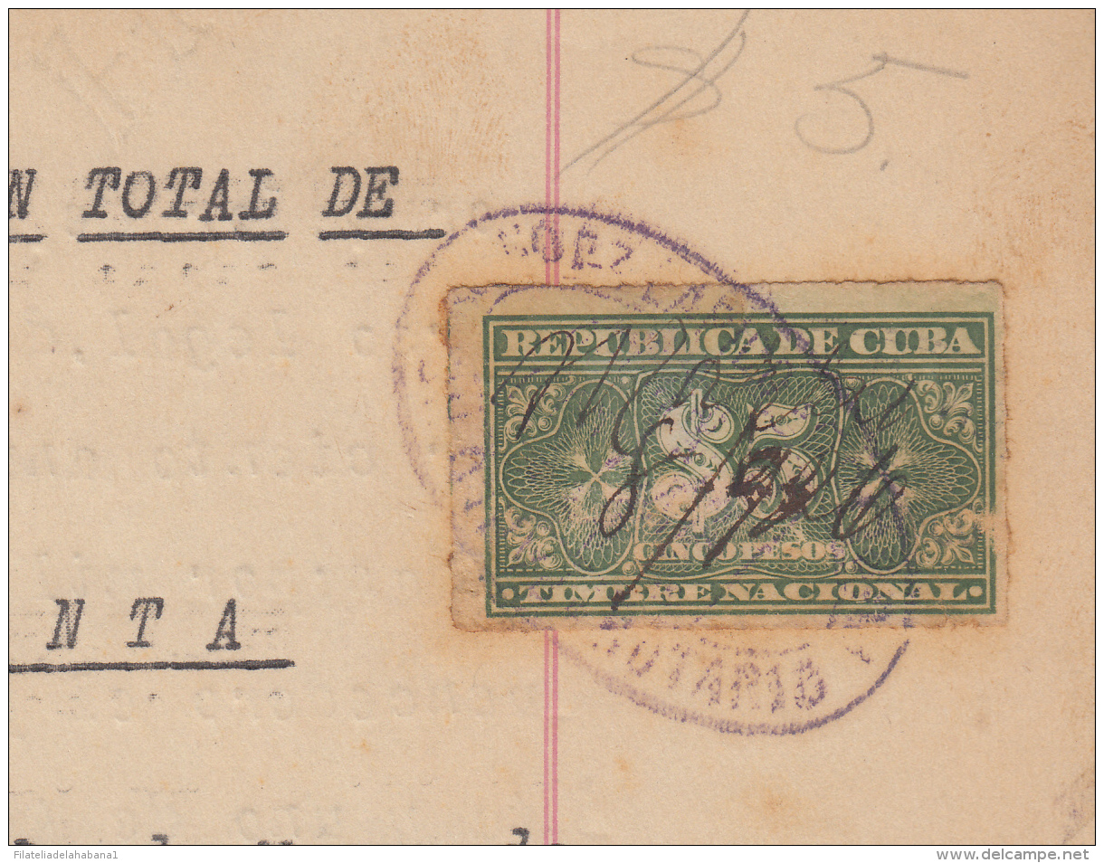 REP-214 CUBA REPUBLICA REVENUE (LG-1118) 5$ GREEN TIMBRE NACIONAL COMPLETE DOC DATED 1926. - Strafport
