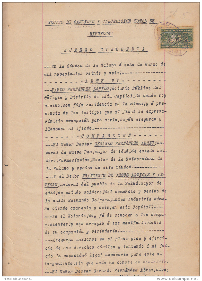 REP-214 CUBA REPUBLICA REVENUE (LG-1118) 5$ GREEN TIMBRE NACIONAL COMPLETE DOC DATED 1926. - Strafport