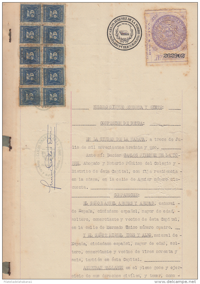 REP-216 CUBA REPUBLICA REVENUE (LG-1120) 5c DARK BLUE (10) TIMBRE NACIONAL 1932 + JUBILACION NOTARIAL 1928 COMPLETE DOC - Portomarken