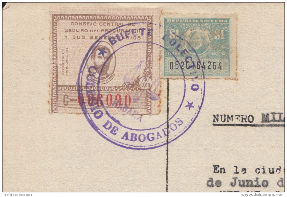 REP-217 CUBA REPUBLICA REVENUE (LG-1121) 60c SEGURO DEL PROCURADOR + 1$ TIMBRE NACIONAL 1958. COMPLETE DOC DATED 1967. - Postage Due