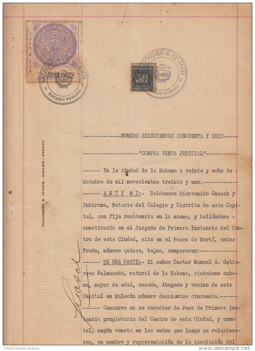 REP-218 CUBA REPUBLICA REVENUE (LG-1122) 50c TIMBRE NACIONAL + JUBILACION NOTARIAL 1928 COMPLETE DOC DATED 1931. - Timbres-taxe