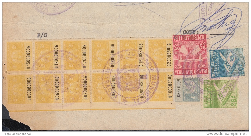 REP-219 CUBA REPUBLICA REVENUE (LG-1123) 1 + 1c (12) TIMBRE NACIONAL 1958 + PALACIO DE JUSTICIA 1952 + JUBILACION NOTARI - Portomarken