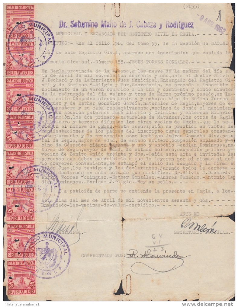 REP-228 CUBA REPUBLICA REVENUE (LG-1132) 25c (8) PALACIO DE JUSTICIA 1952 COMPLETE DOC DATED 1962. - Timbres-taxe