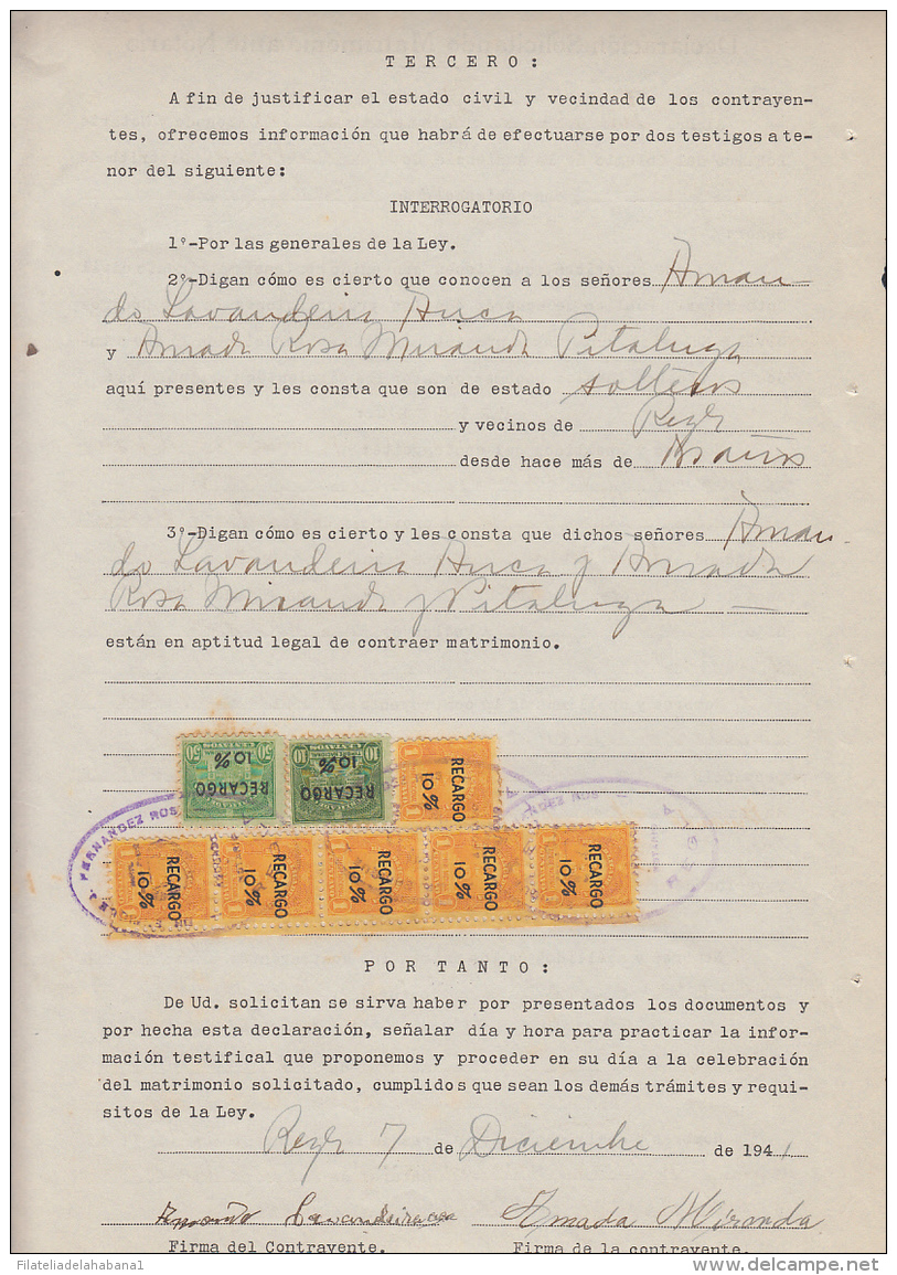 REP-229 CUBA REPUBLICA REVENUE (LG-1133) 1c (6) + 10c + 50c GREEN TIMBRE NACIONAL 1938 PERF COMPLETE DOC DATED 1941. - Strafport
