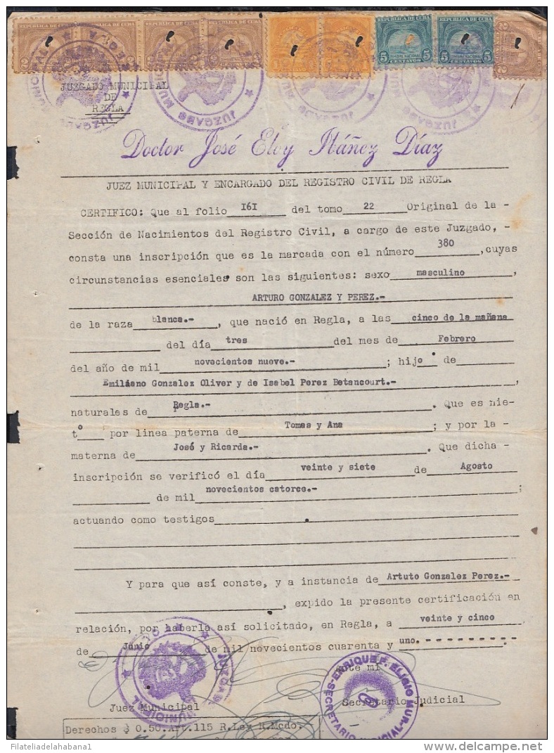 REP-230 CUBA REPUBLICA REVENUE (LG-1134) 2c (5) + 1c (2) + 5c (2) TIMBRE NACIONAL 1937 COMPLETE DOC DATED 1941. - Portomarken