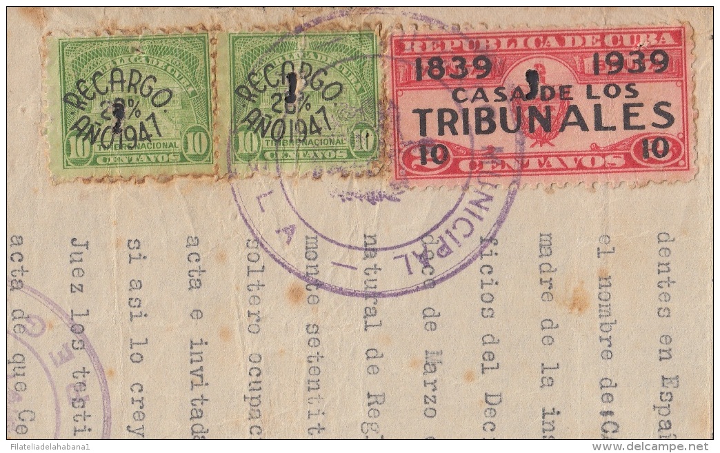 REP-231 CUBA REPUBLICA REVENUE (LG-1135) 10c  TIMBRE NACIONAL 1947 + CASA DE TRIBUNALES COMPLETE DOC DATED 1947. - Timbres-taxe