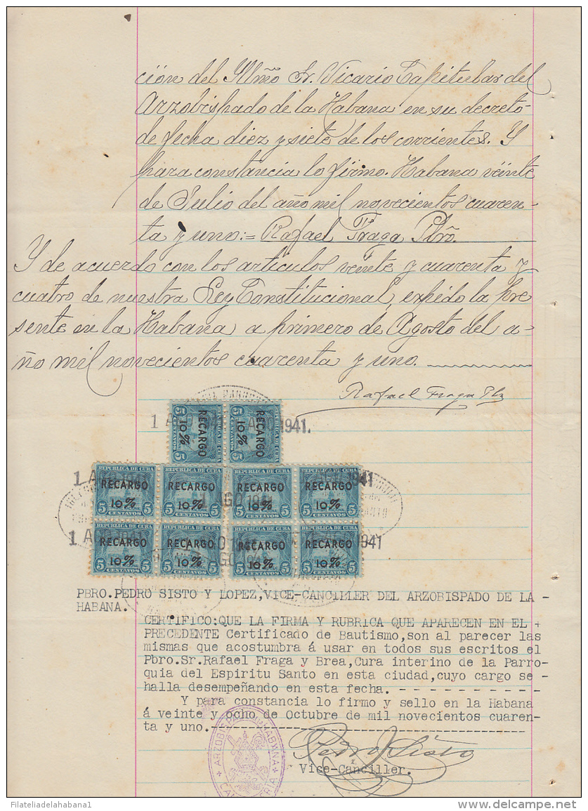 REP-232 CUBA REPUBLICA REVENUE (LG-1136) 5c TIMBRE NACIONAL 1938 COMPLETE DOC DATED 1941. - Strafport