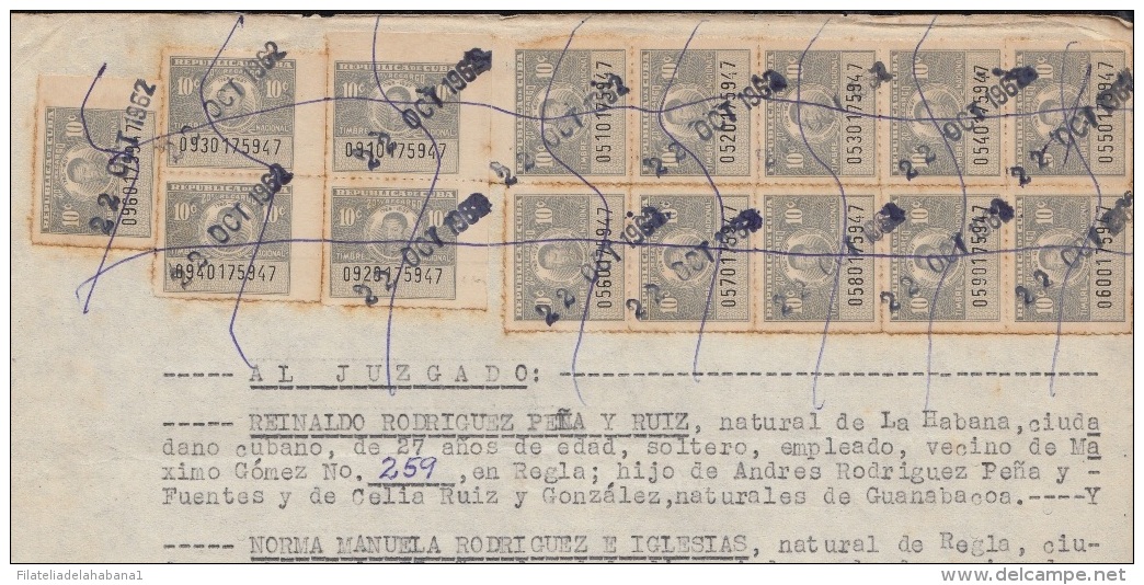 REP-234 CUBA REPUBLICA REVENUE (LG-1139) 10c (15) TIMBRE NACIONAL 1958 COMPLETE DOC DATED 1962. - Strafport