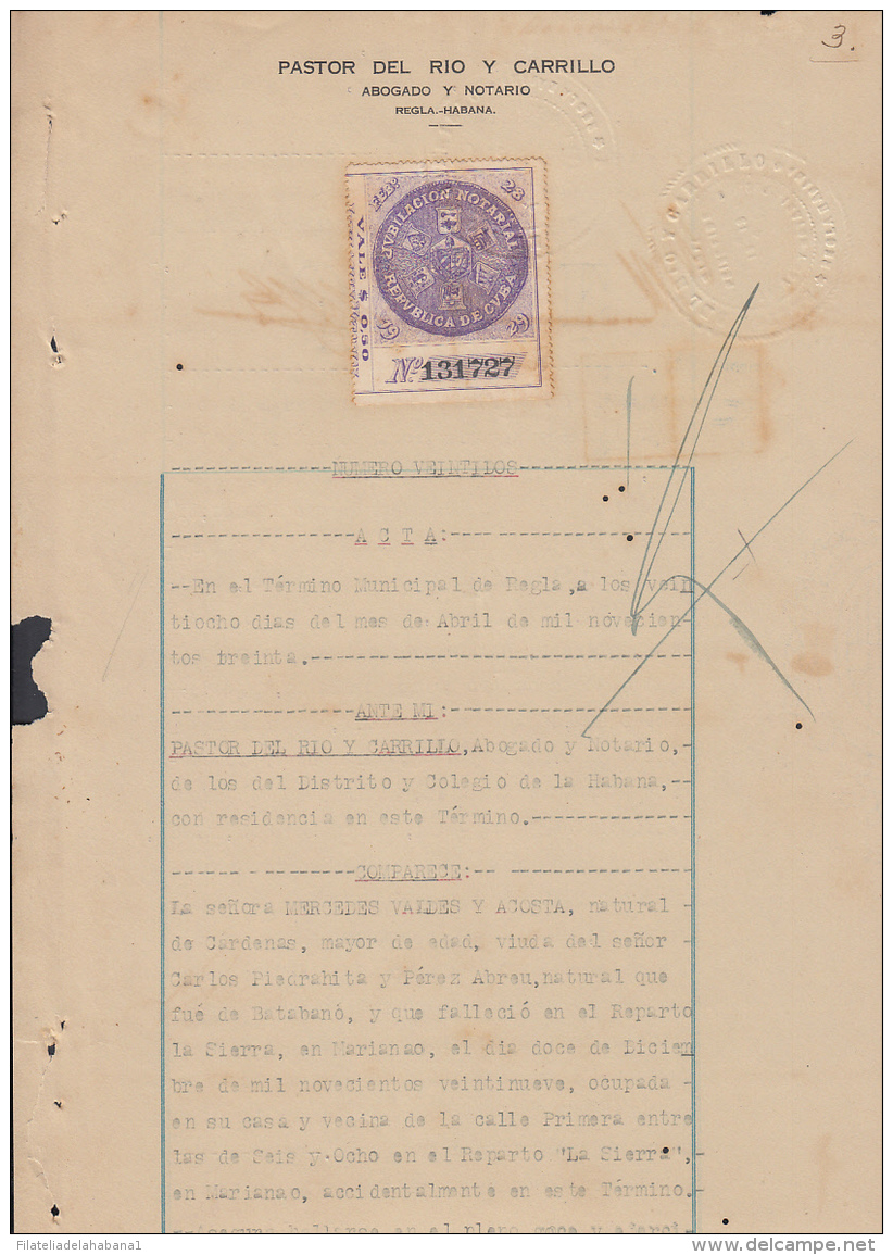 REP-235 CUBA REPUBLICA REVENUE (LG-1140) 50c JUBILACION NOTARIAL COMPLETE DOC DATED 1930. - Strafport