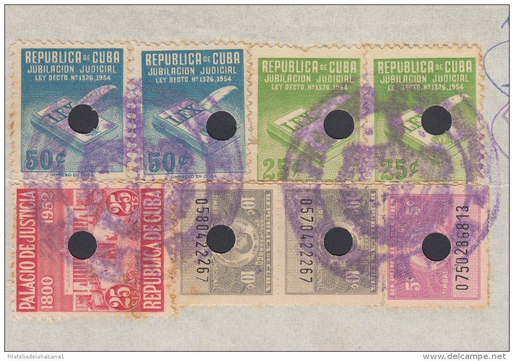 REP-236 CUBA REPUBLICA REVENUE (LG-1141) 5 + 10c (2) + 50c (2) TIMBRE NACIONAL 1958 + PALACIO DE JUSTICIA 1952 + JUBILAC - Portomarken