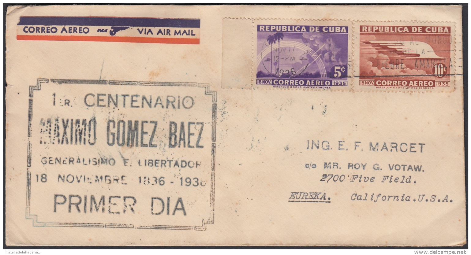 1936-FDC-91 CUBA REPUBLICA. 1936. Ed.299-300. MAXIMO GOMEZ. 5c, 10c. AIR MAIL. GOMIGRAFO NEGRO. - FDC
