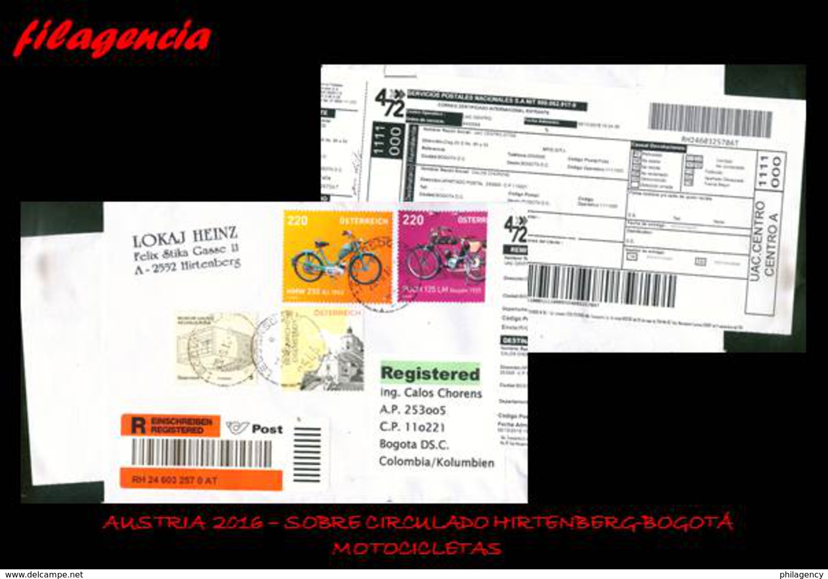 EUROPA. AUSTRIA. ENTEROS POSTALES. SOBRE CIRCULADO 2016. SOBRE CIRCULADO HIRTENBERG-BOGOTA. MOTOCICLETAS - Storia Postale