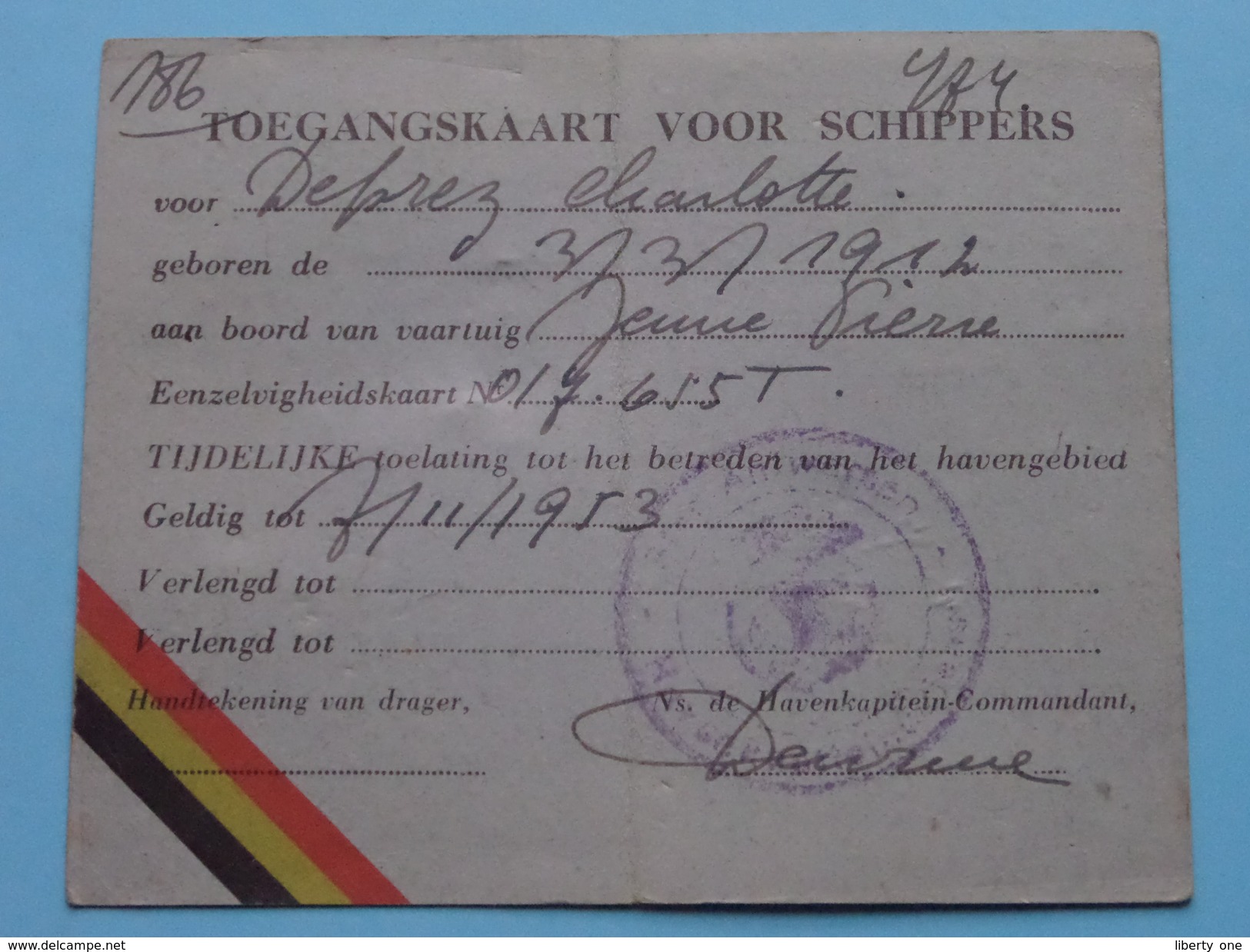 TOEGANGSKAART Voor SCHIPPERS ( Deprez Charlotte ) Anno 1953 ( Voir Photo Pour Détail ) ! - Autres & Non Classés