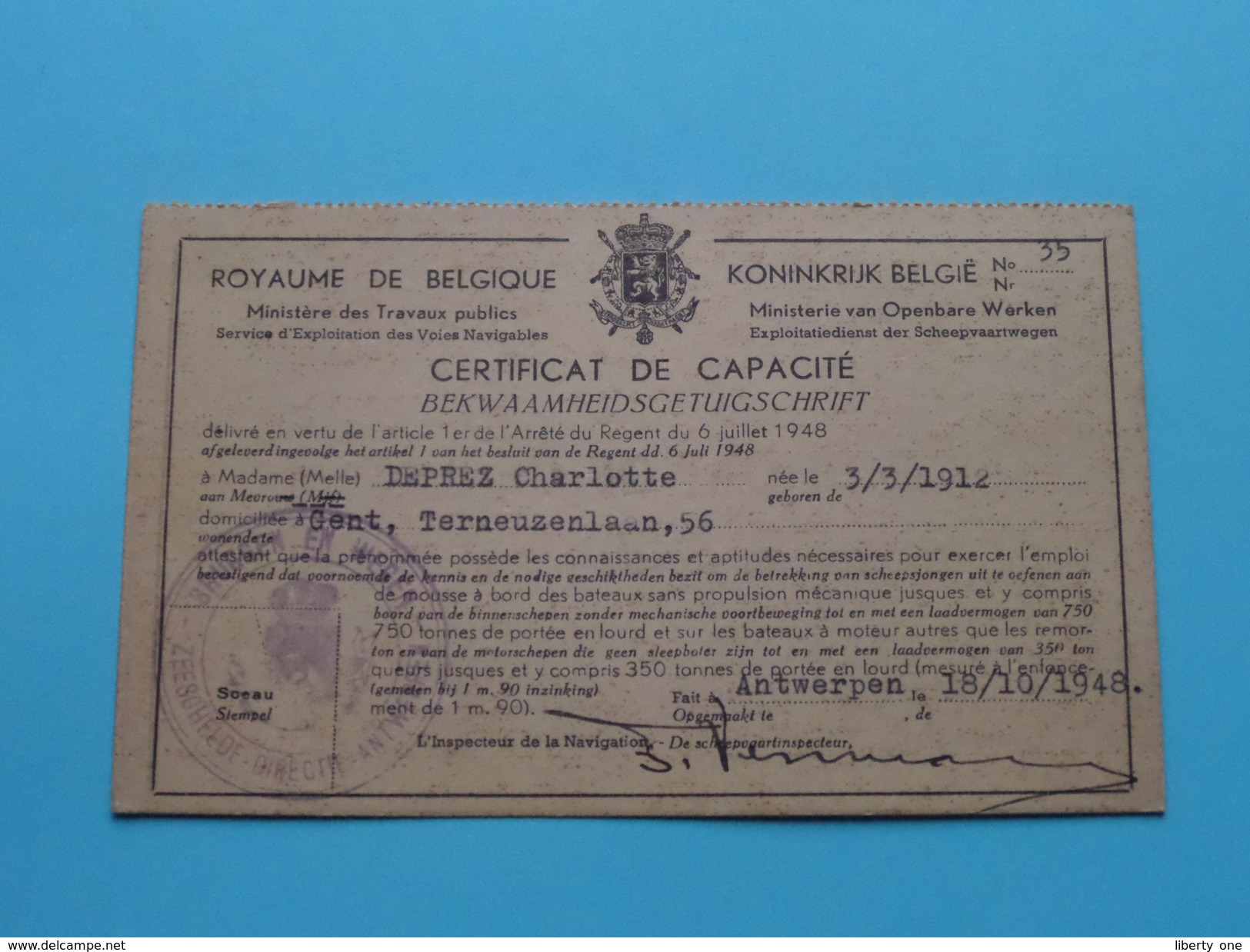 CERTIFICAT GéNéRAL DE CAPACITé ( België N° 35 - 1948 ) Met TAX ( Deprez Charlotte 1912 ( Détail Photo ) ! - Altri & Non Classificati