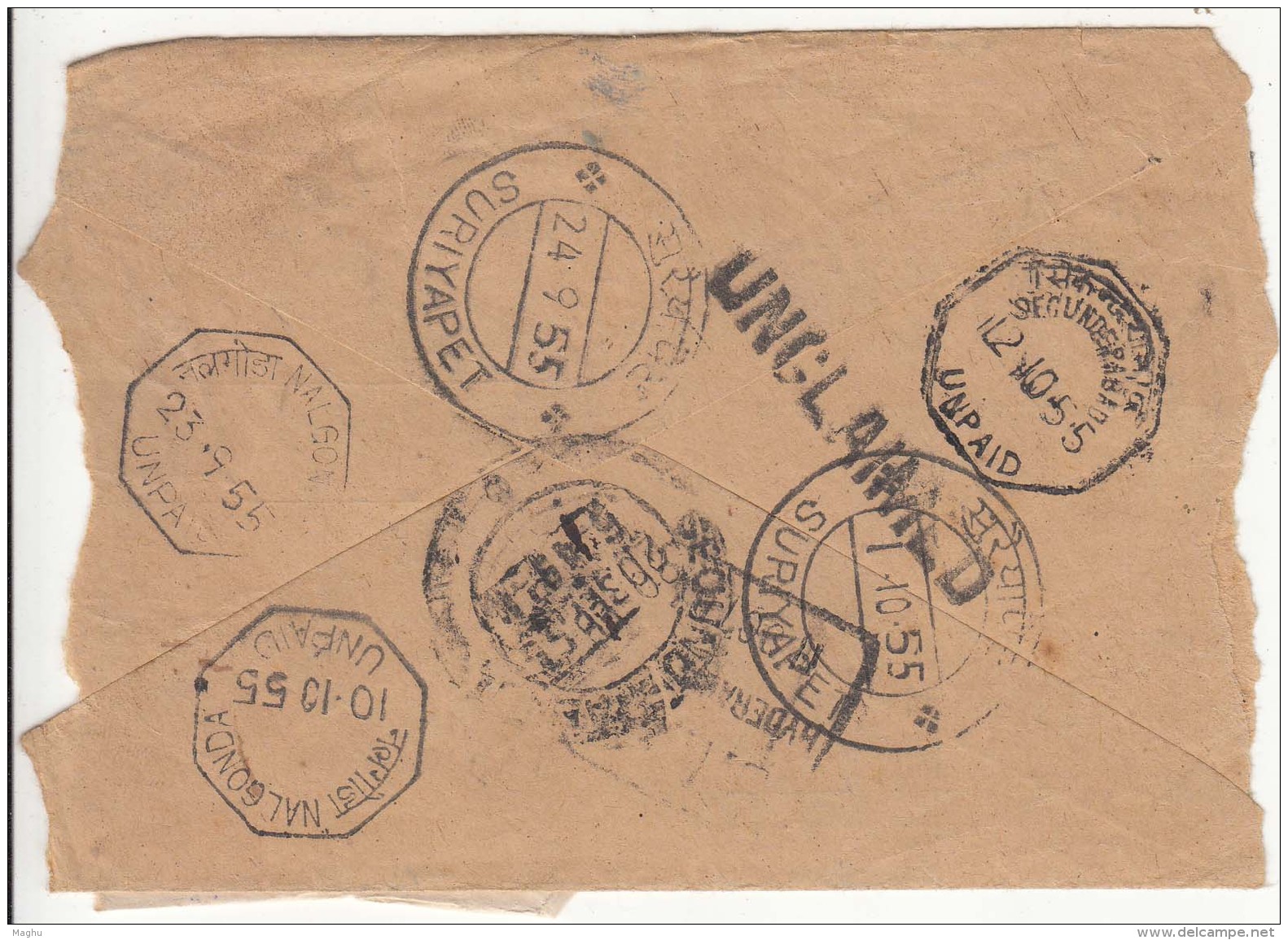 'Postage Due', / 'Undpaid'/ 'Unclaimed',  Retour Postmarks,  Hyderabad State British India, Commercial Used Cover 1955 - Hyderabad