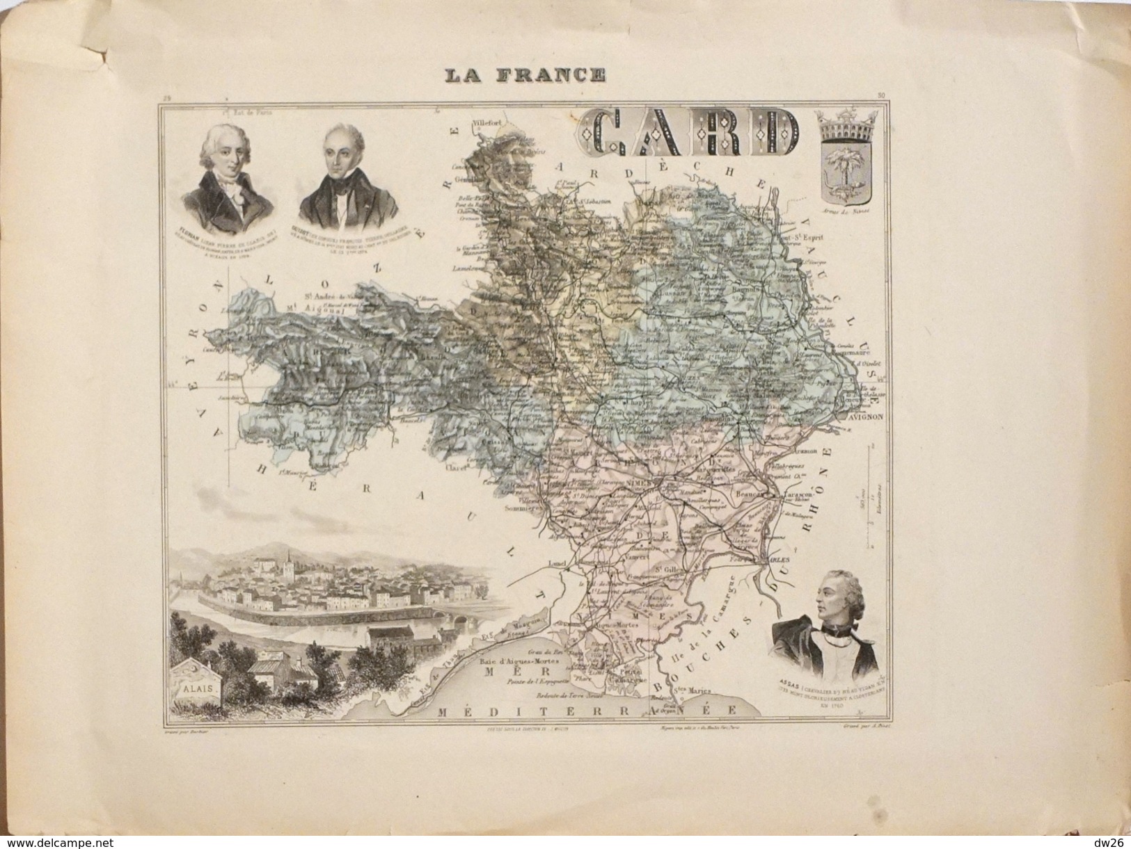 Carte Géographique: La France, Le Département Du Gard, Armes De Nîmes, Médaillons: Assas, Florian, Guizot - Cartes Géographiques